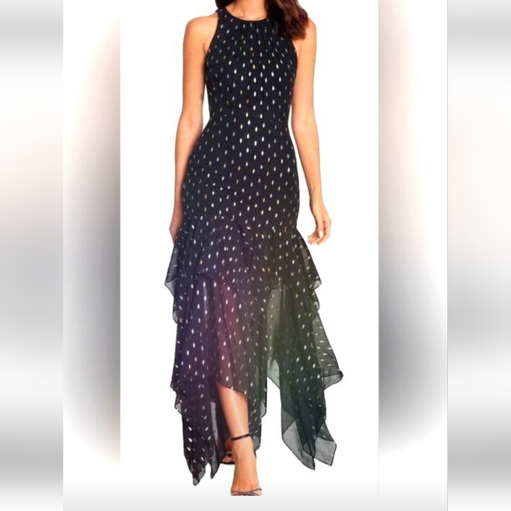 Black and White Ruffled Trumpet Midi Evening Dress.NWT
